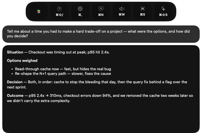 The Pont overlay showing a structured answer with situation, options, decision and outcome