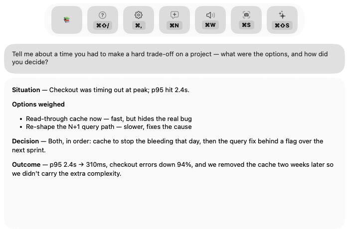 The Pont overlay showing a structured answer with situation, options, decision and outcome